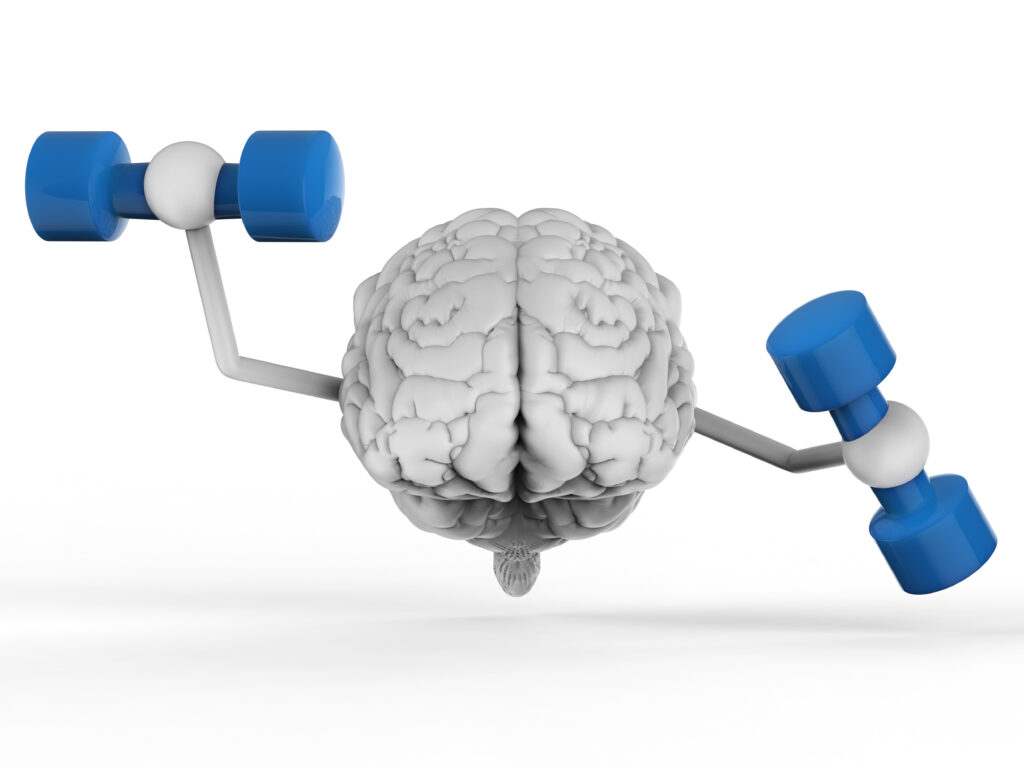 brain holding dumbbells